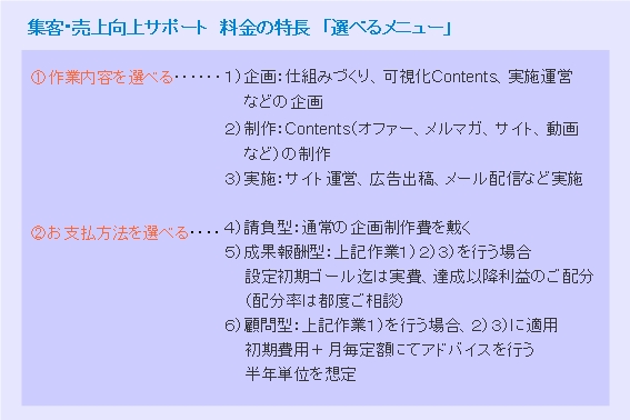 集客の課題「集客売上向上サポート・料金の特長」